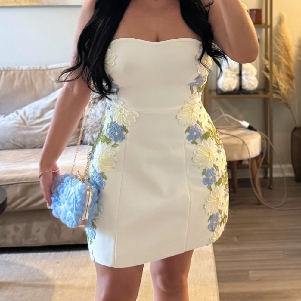 Fashion Nova White Strapless Dress with Floral Accents